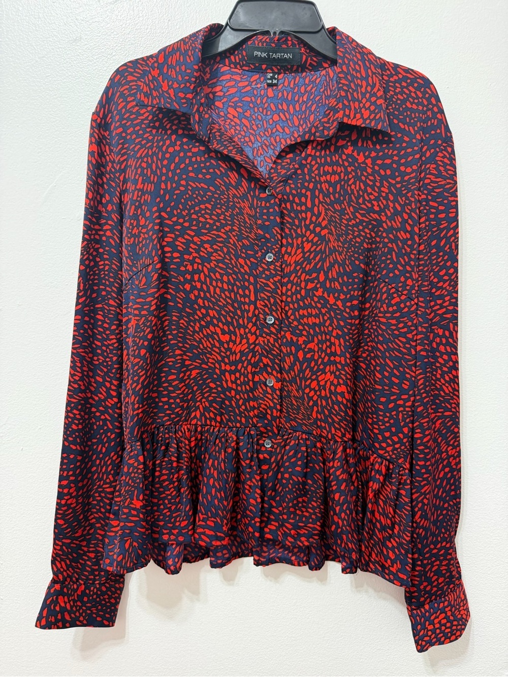 Pink Tartan Red and Navy Button-Front Peplum Blouse